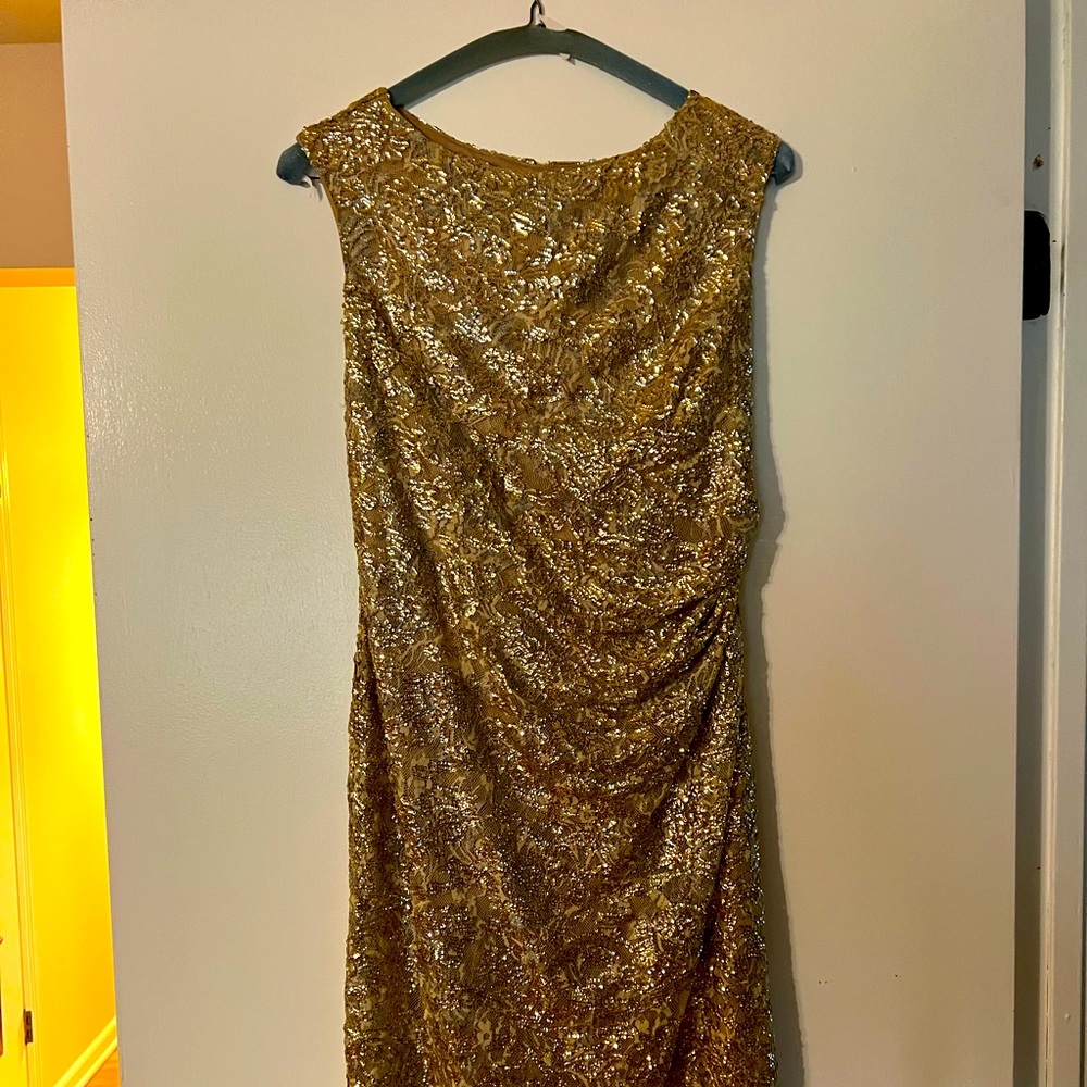 David Meister gold sequined cocktail dress.